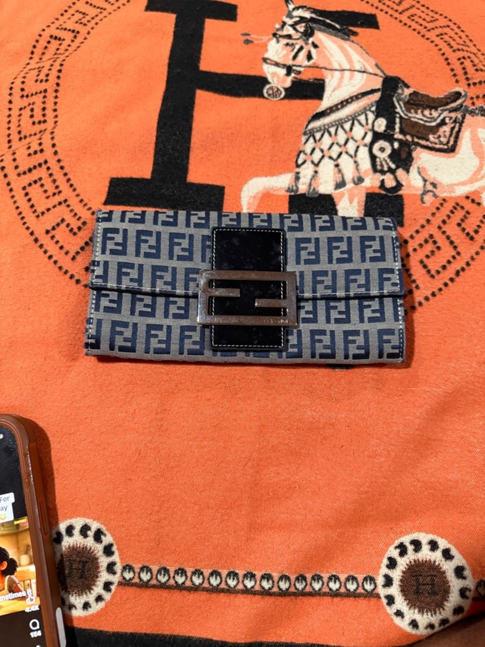 Fendi Blue Navy FF Canvas Logo Bifold Wallet
